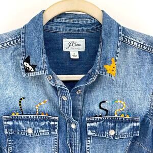 Handcrafted cat kitty embroidered art to wear one of a kind denim snap up shirt